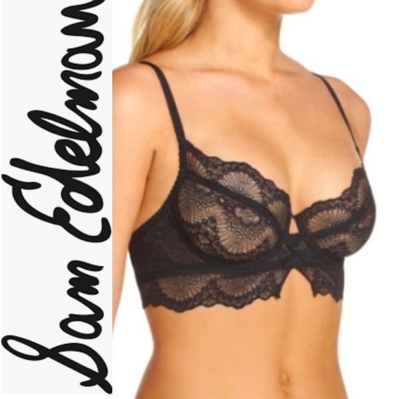 New Sam Edelman Scallop Trim Long Line Underwire Black Lace Bra 36D - Picture 1 of 6